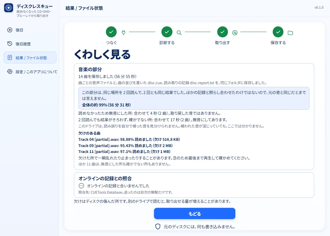 音楽 CD の結果の「くわしく見る」画面。音楽の部分に、読めなかったため無音にした所が 4 秒（2 曲）、確かでない所が 17 秒（2 曲）と出ている。下の「欠けのある曲」に、Track 04・09・11 の読めた割合が一覧で出ている。