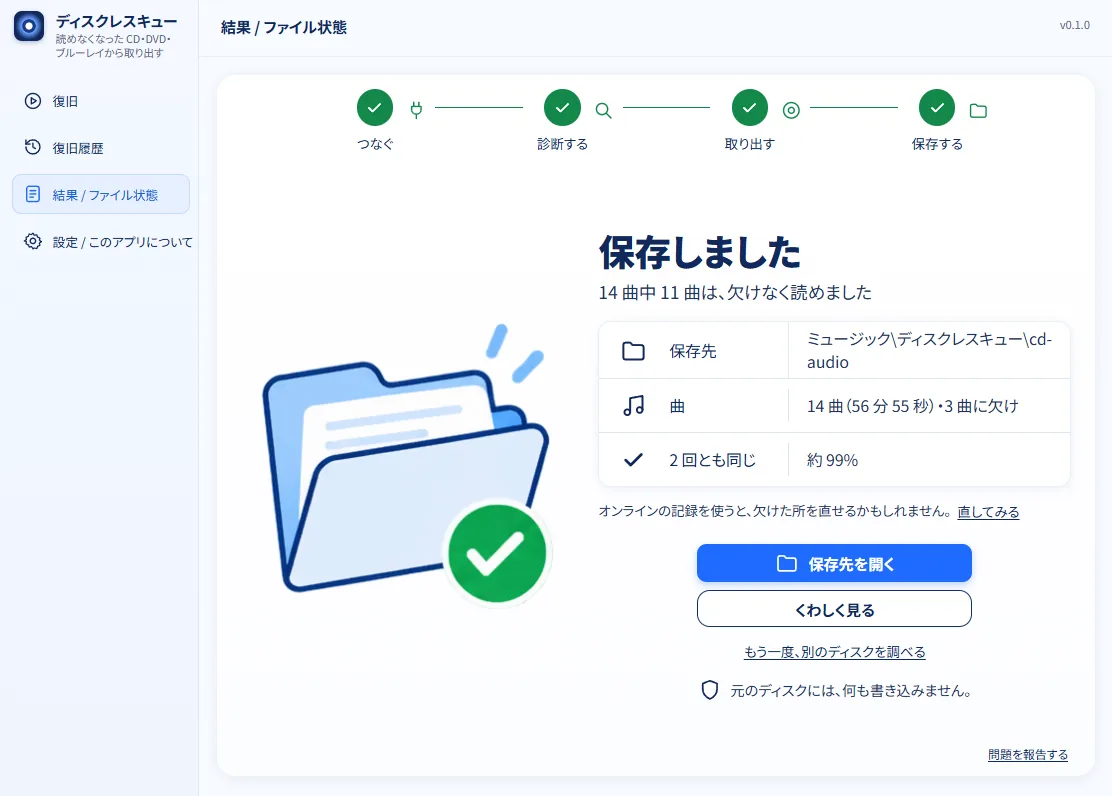 音楽 CD を保存した結果の画面。「14 曲中 11 曲は、欠けなく読めました」と出ていて、その下に「オンラインの記録を使うと、欠けた所を直せるかもしれません。」の文と「直してみる」のリンクがある。