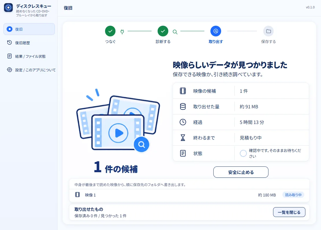 取り出している途中の画面。「映像らしいデータが見つかりました」と出て、映像の候補は 1 件。下の一覧に「映像 1　約 180 MB」の行があり、「読み取り中」の印が付いている。右に「安全に止める」ボタンがある。